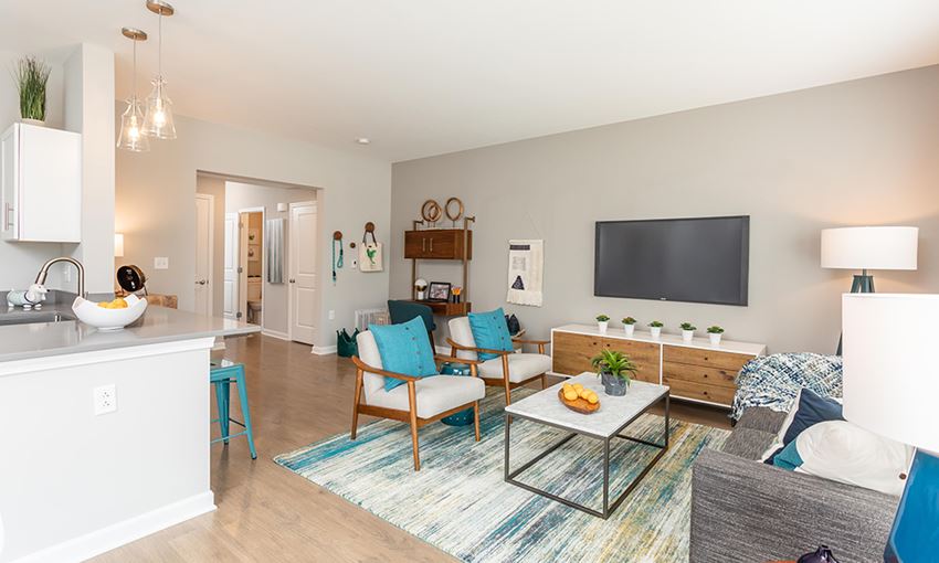 a living room with a couch and a table