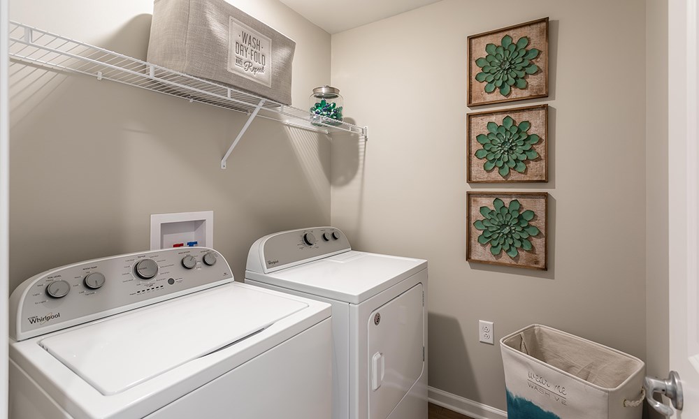 a washer and dryer in a laundry room with pictures on the wall