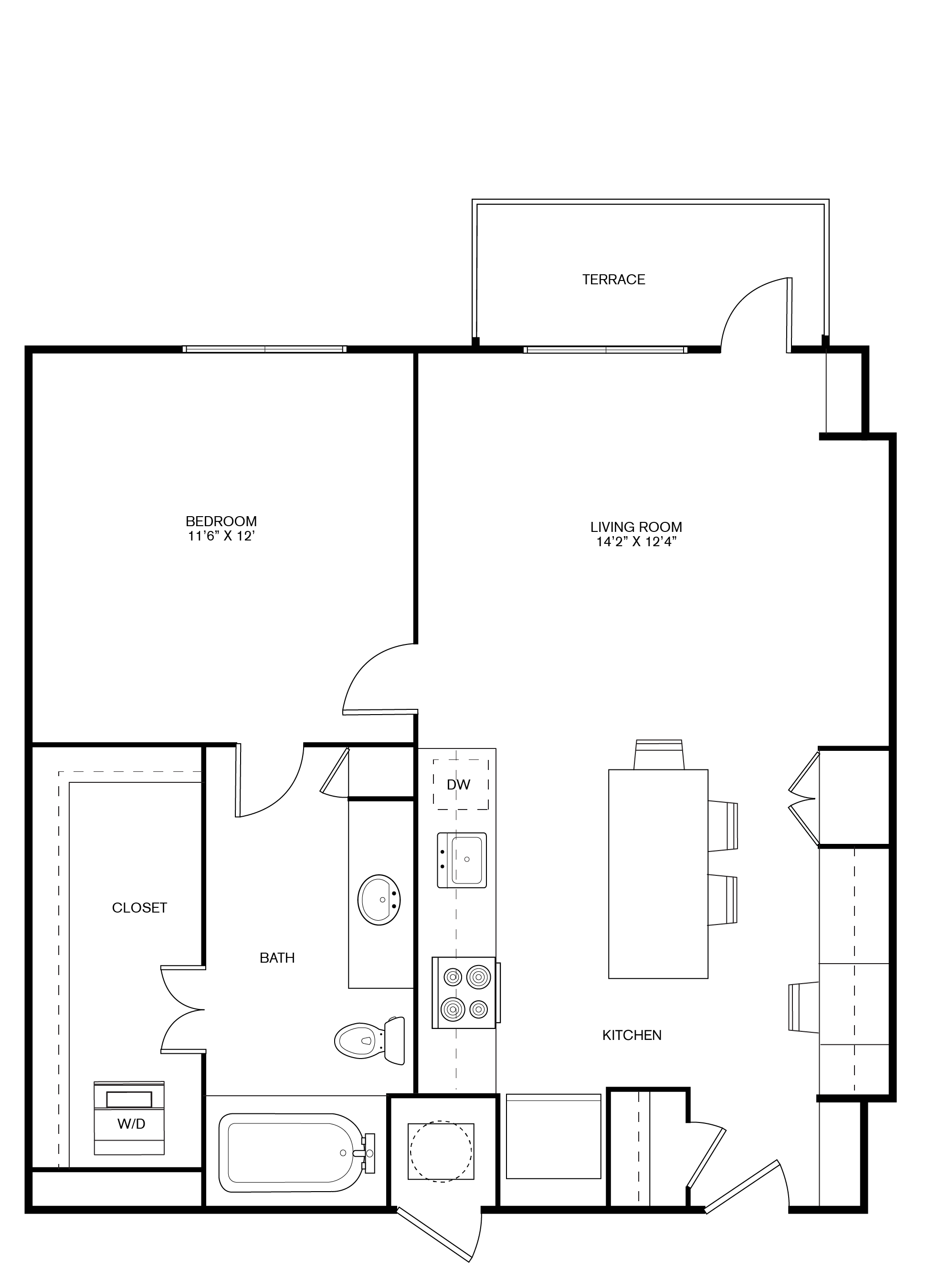 One bedroom one bath, kitchen, kitchen pantry, living room, dining room, laundry room, one closet, A1 floor plan, 729 square feet