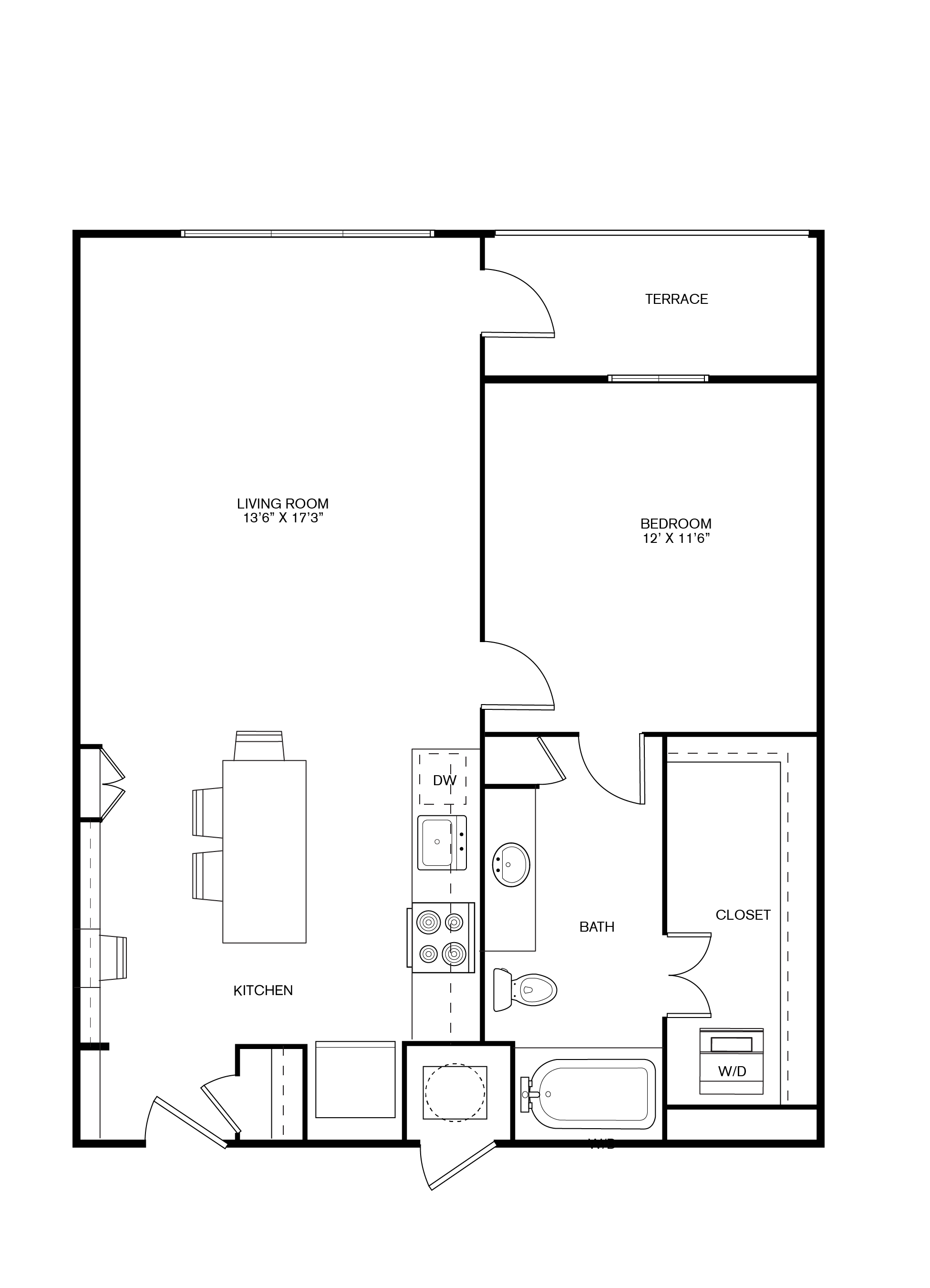 One bedroom one bath, kitchen, kitchen pantry, living room, dining room, laundry room, one closet, A2 floor plan, 807 square feet