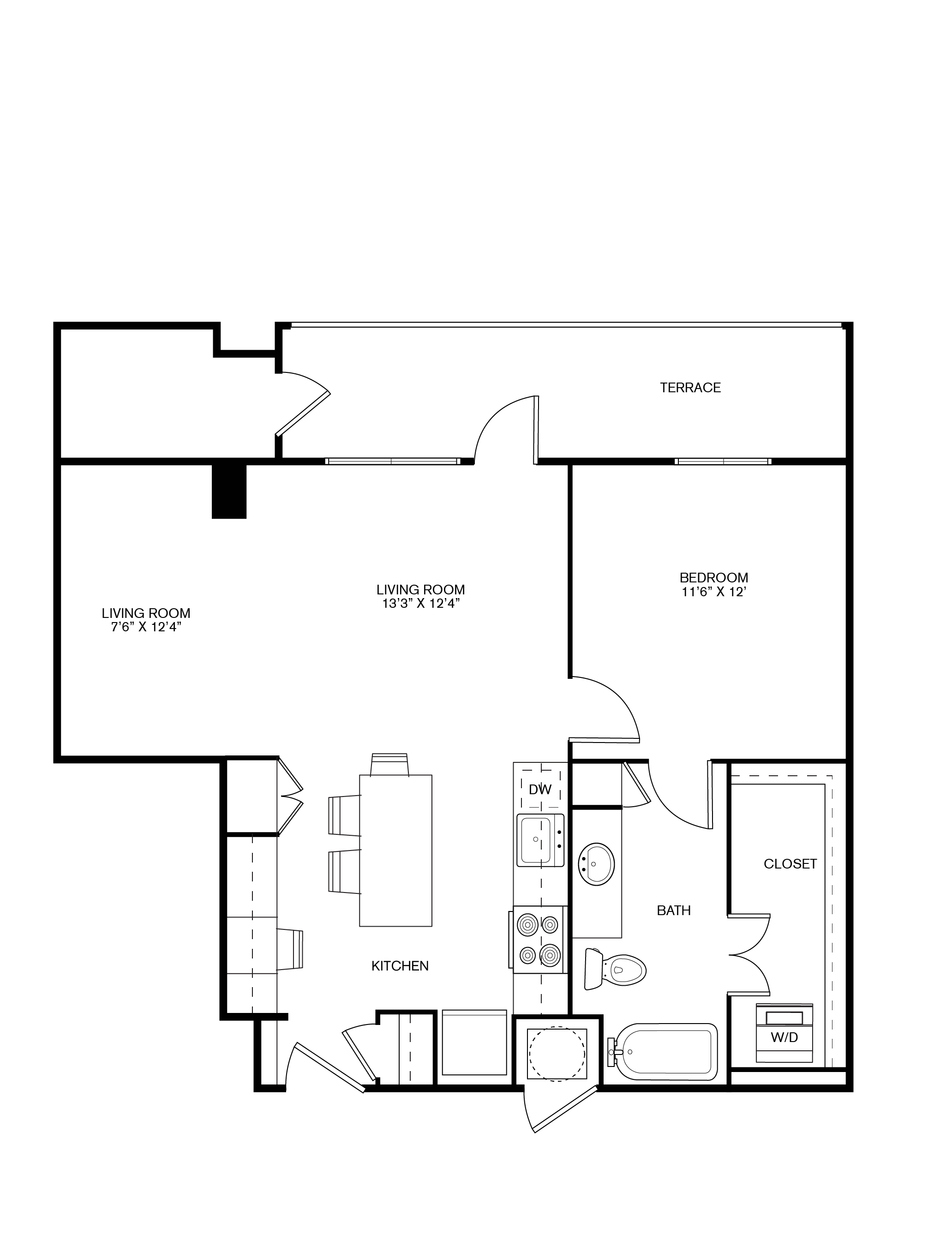 One bedroom one bath, kitchen, kitchen pantry, living room, dining room, laundry room, one closet, A3 floor plan, 821 square feet