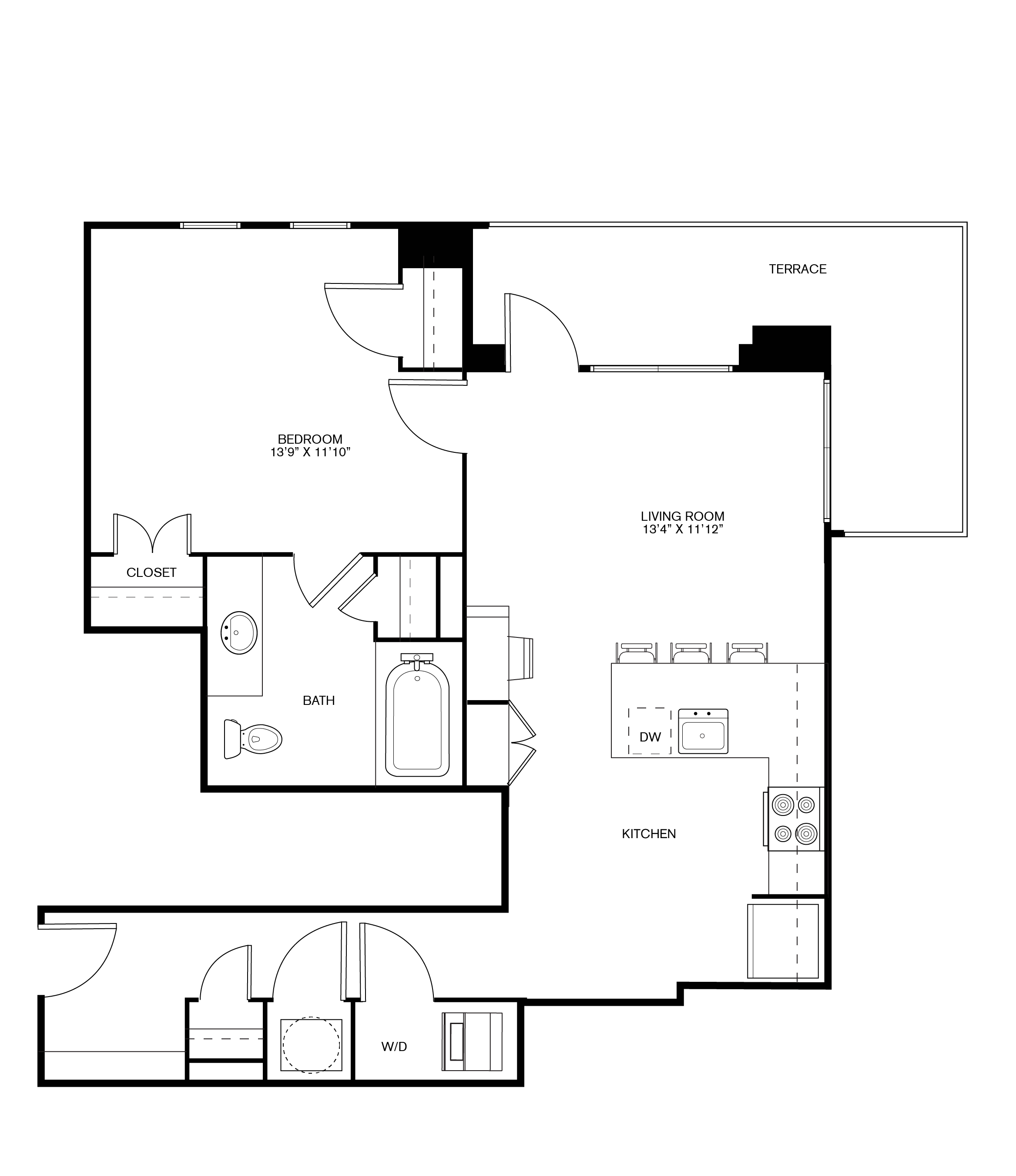 One bedroom one bath, kitchen, kitchen pantry, living room, dining room, laundry room, one closet, A4 floor plan,755 square feet.