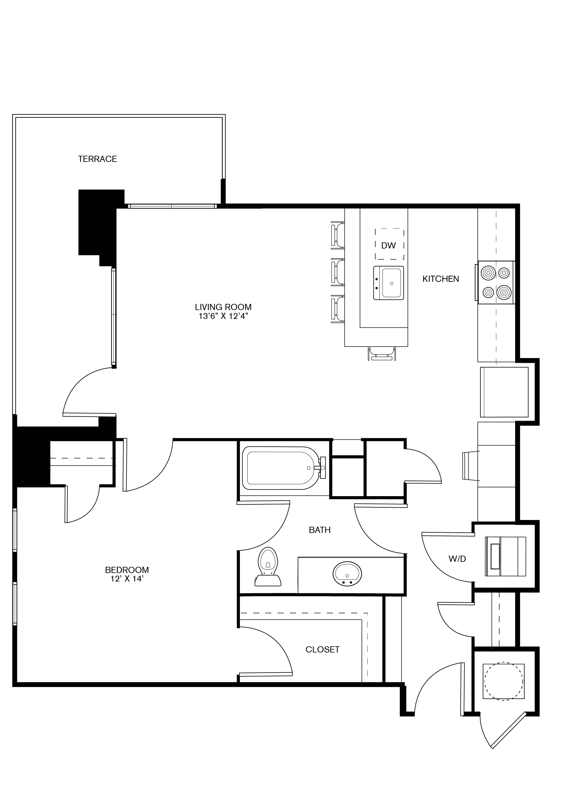 One bedroom one bath, kitchen, kitchen pantry, living room, dining room, laundry room, one closet, A5 floor plan,804 square feet.