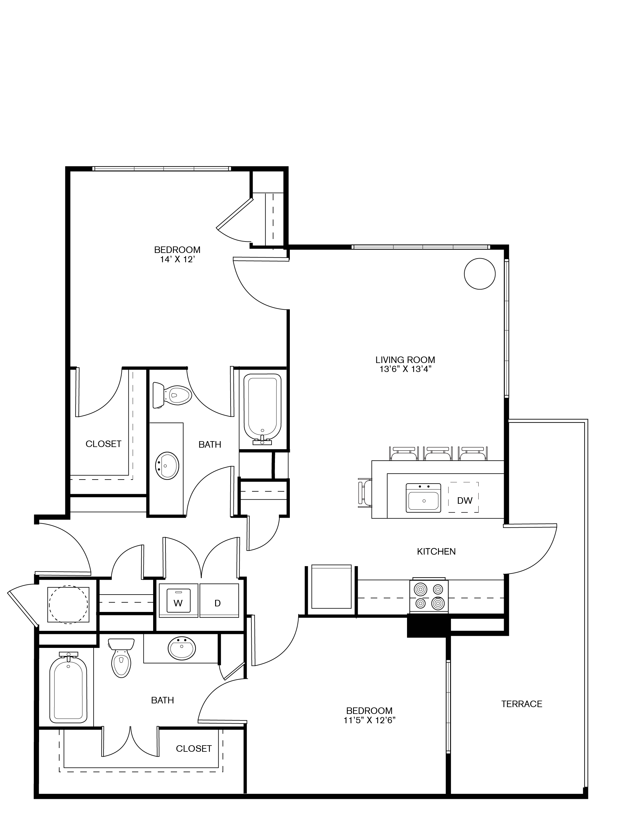 Two bedrooms, two bathrooms, kitchen, pantry, coat closet, living/dining room, two walk-in closets, linen closet and laundry room. 1104 square feet B1 floor plan.
