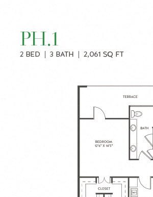 Two bedrooms, 3 bathroom, PH 1floor plan, 2061 square feet. Two bedrooms, 3 bathroom, penthouse, Kitchen, dining room, living room, laundry room, walk-in closets. PH 1floor plan, 2061 square feet.