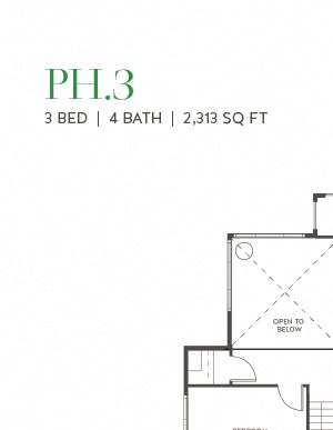 Three bedrooms, four-bathrooms, PH 3 floor plan, 2313 square feet. Three bedrooms, four-bathrooms, penthouse, Kitchen, dining room, living room, laundry room, walk-in closets. PH 3 floor plan, 2313 square feet.