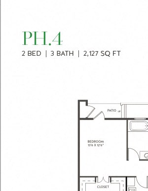 Two bedrooms, Three-bathrooms, PH 4 floor plan, 2313 square feet. Two bedrooms, Three-bathrooms, penthouse, Kitchen, dining room, living room, laundry room, walk-in closets. PH 4 floor plan, 2313 square feet.