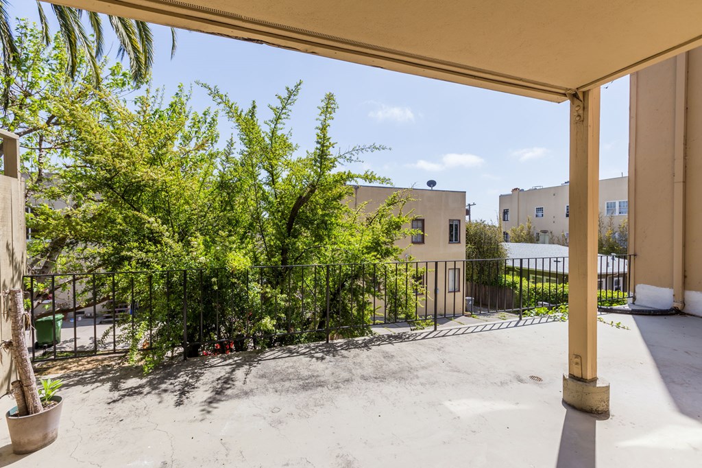 A view of a courtyard with a fence and a tree.