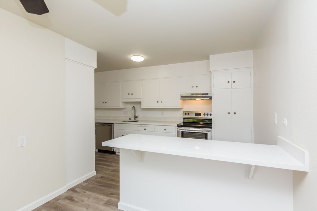 A white kitchen with a countertop and cabinets.
