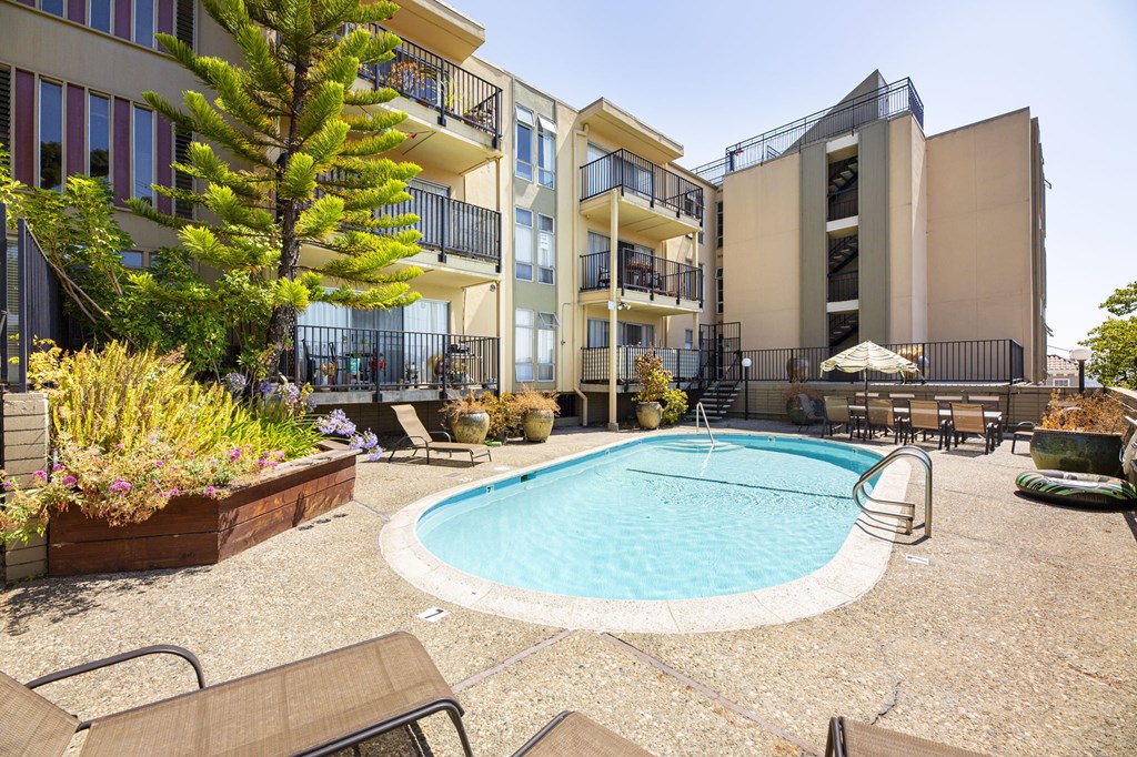 A pool surrounded by chairs and plants in front of a building.