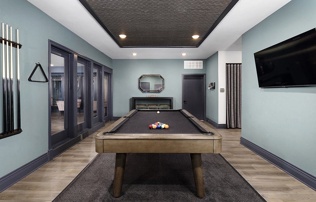 a games room with a pool table and a tv