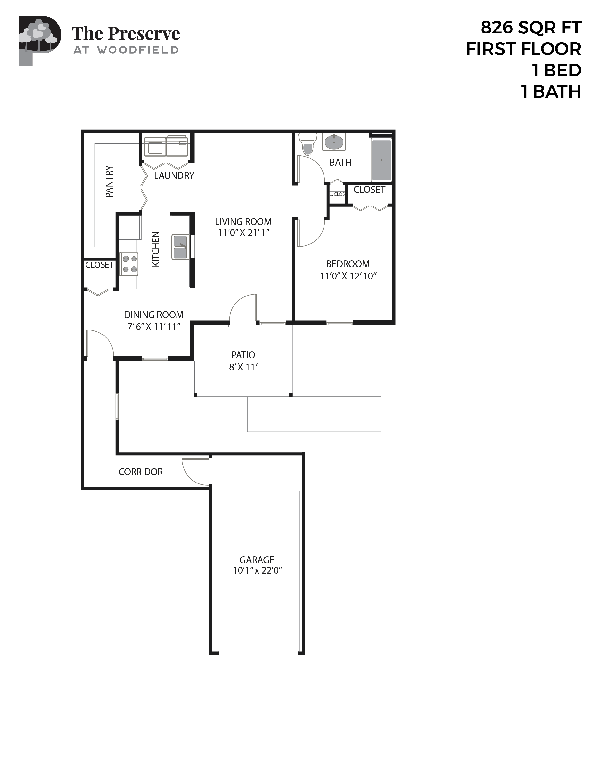 1 Bedroom 1 Bath (826 Sq. Ft.)