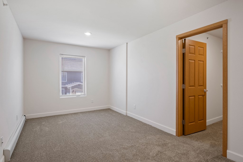 A room with a carpeted floor, a window with blinds, and a wooden door.
