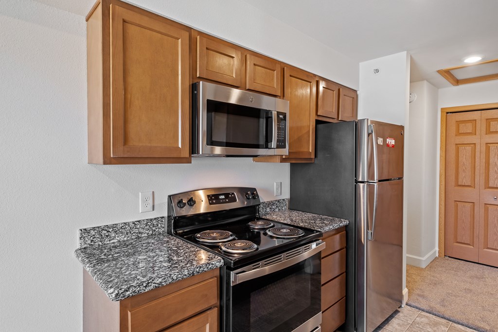 A kitchen with a black refrigerator and stove.