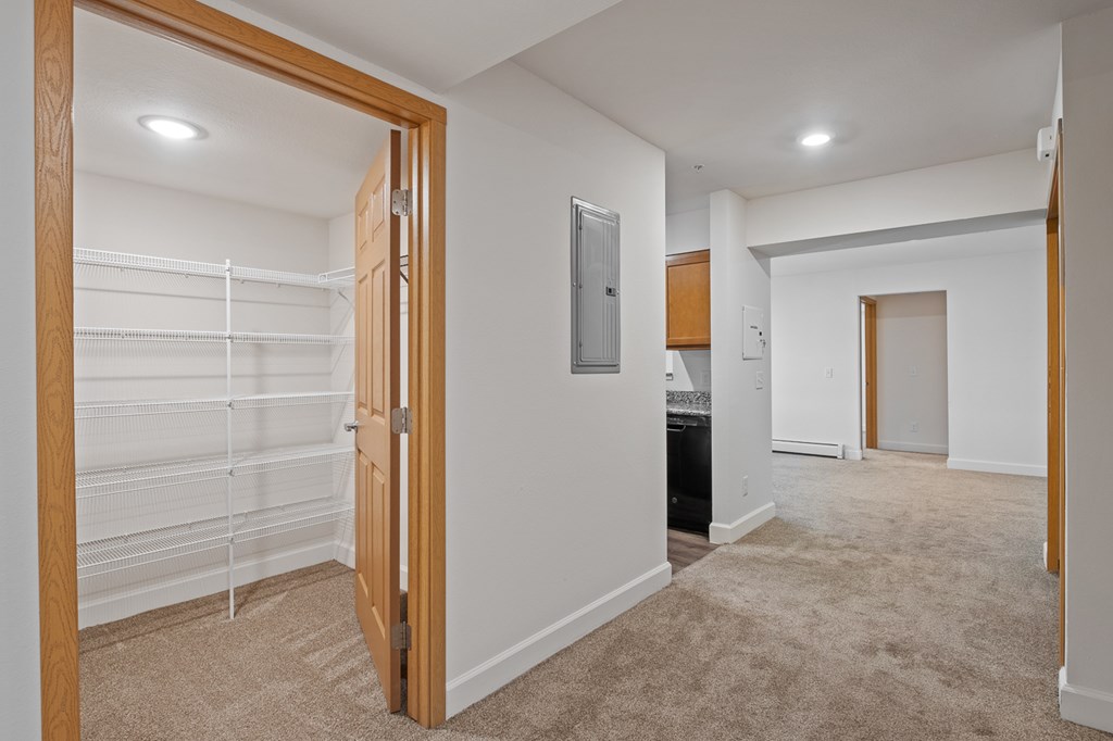 A room with a white wall and a brown door.
