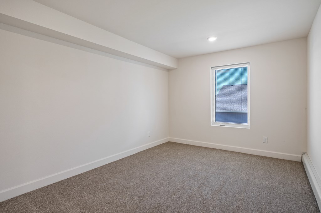 Empty room with carpeted floor and a window.