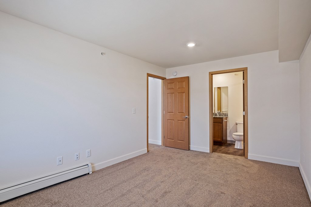 A room with a carpeted floor and a brown door.