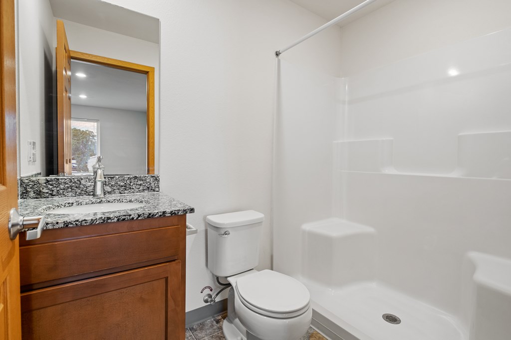 A white toilet sits next to a walk-in shower in a bathroom.