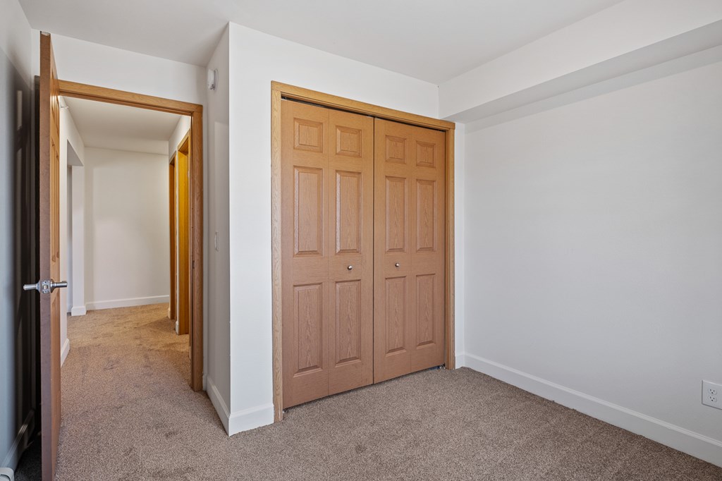 A room with a brown door and carpeted floor.