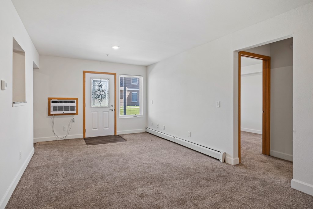 A room with a brown carpet and a white wall.