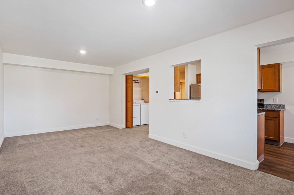 A spacious living room with a carpeted floor and a kitchen area to the right.