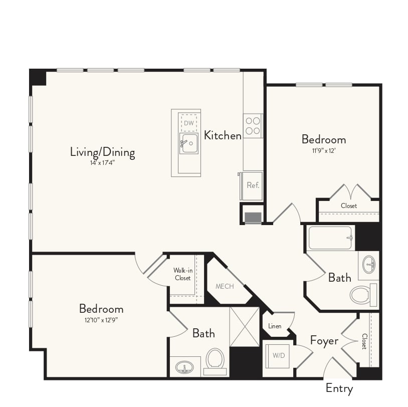 A floor plan of a home with two bedrooms, a living/dining area, a kitchen, a bathroom, a foyer, and an entry.