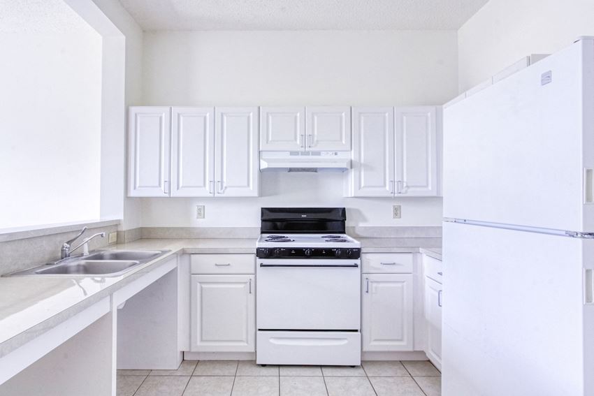 Kitchen neat kitchen with efficient white appliances and white cabinetry
