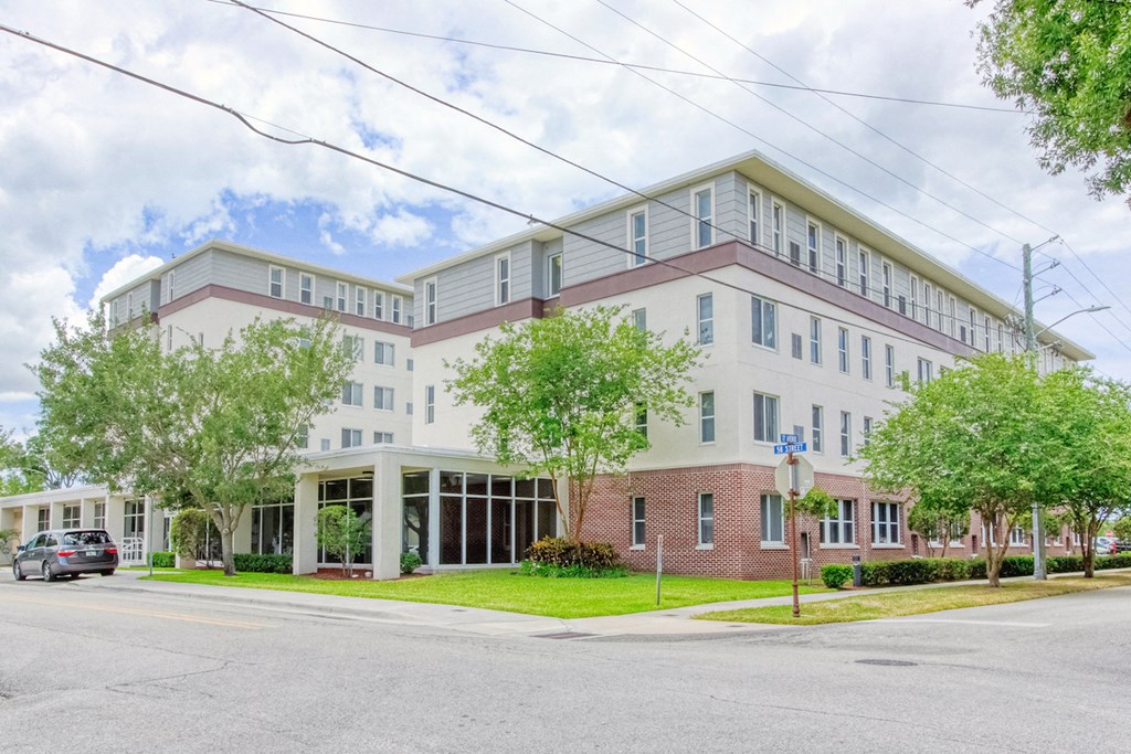 Neatly landscaped exterior of St. Giles Manor II Senior Apartments