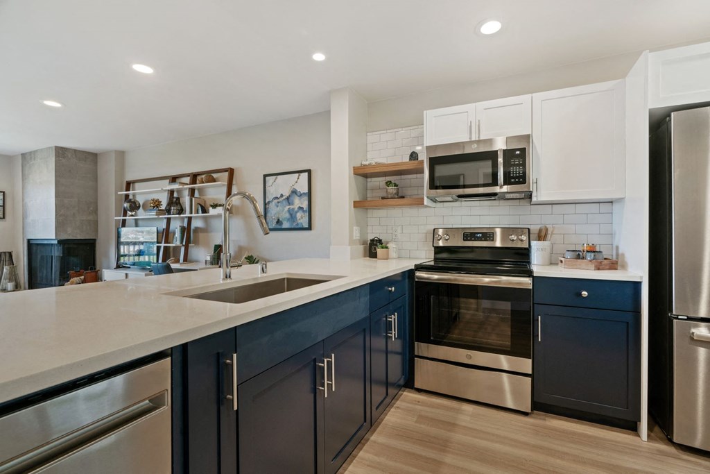 a large kitchen with blue cabinets and stainless steel appliances