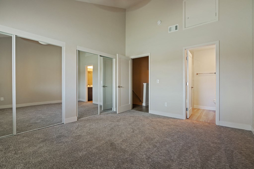 a bedroom with a carpet and mirrors on the wall