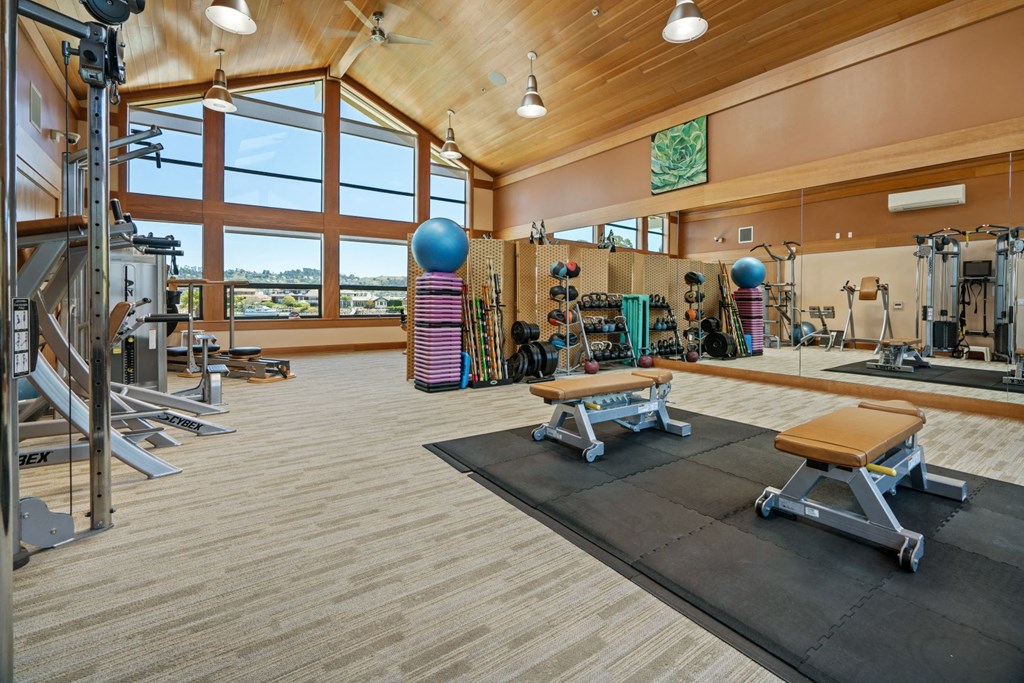 a gym with weights and cardio equipment and a large window