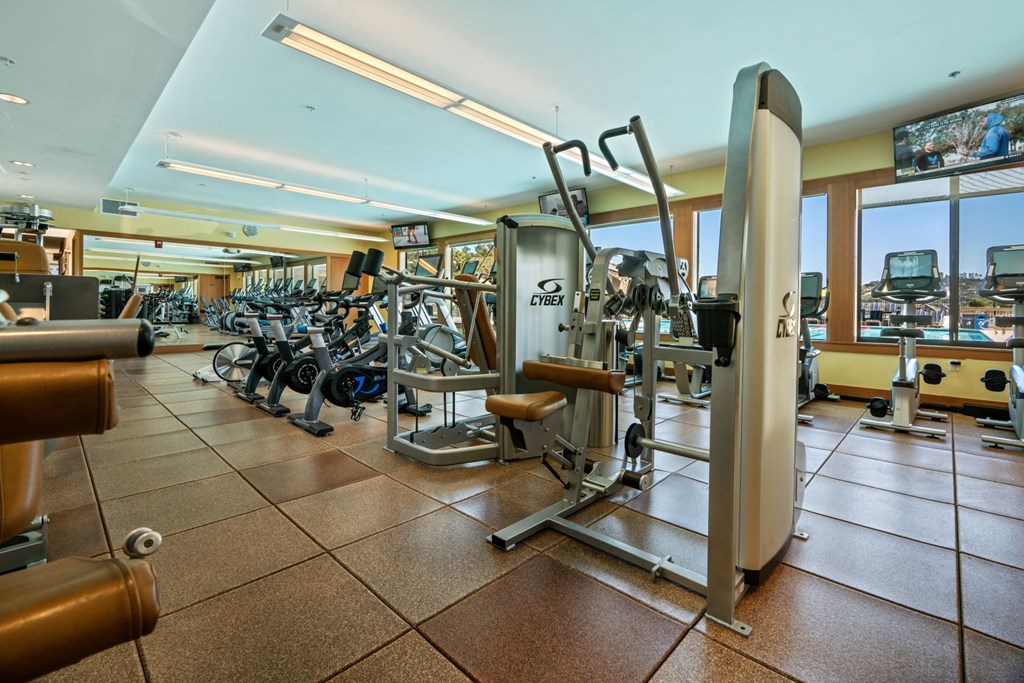a gym with weights and cardio equipment in a fitness center