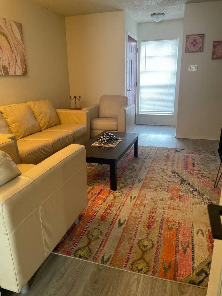 a living room with couches and a coffee table