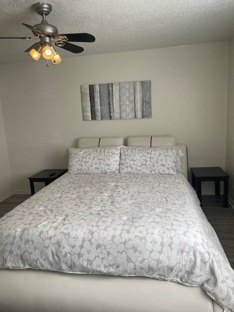 a bedroom with a bed and a ceiling fan