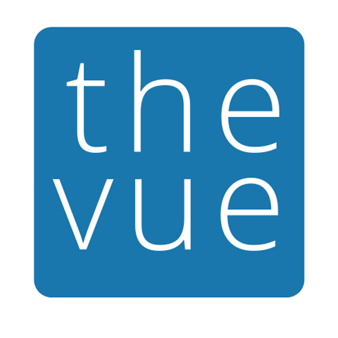 A blue square with the words the vue in white.