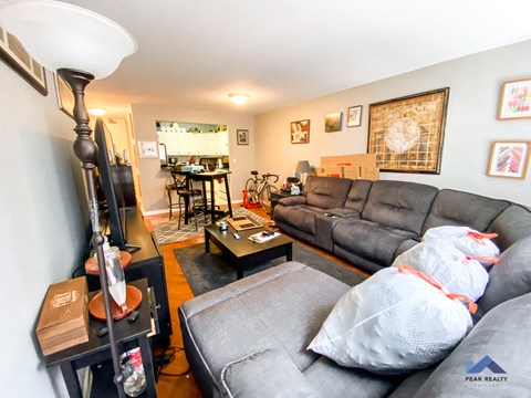 A living room with a grey couch and a television.