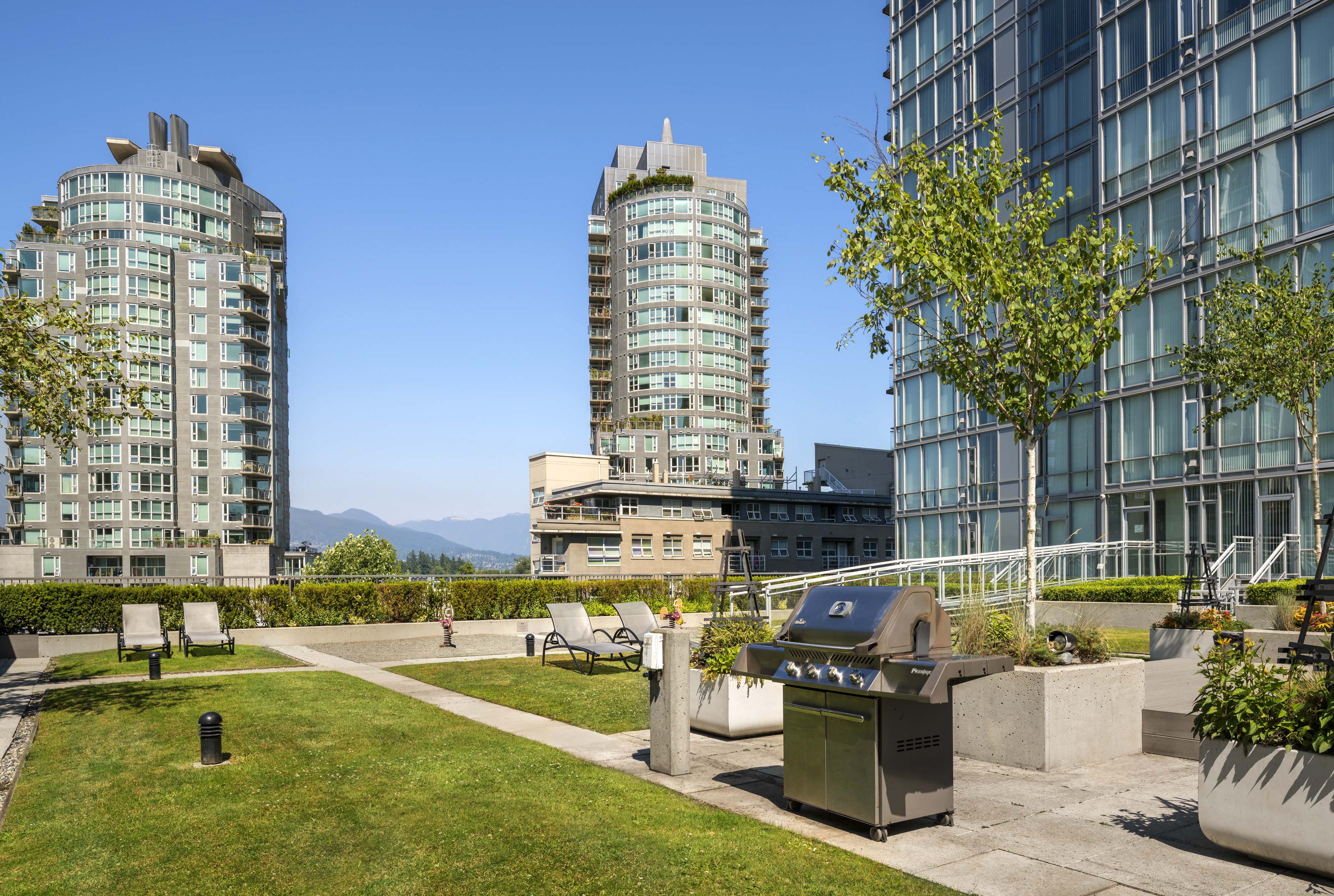 a city park with skyscrapers in the background