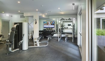 24 Hour Fitness Center With Free Weights 24 Hour Fitness Center With Free Weights at Concourse, Los Angeles, California