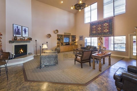a living room with a fireplace and a rug