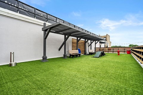 a grassy area with benches and a pergola