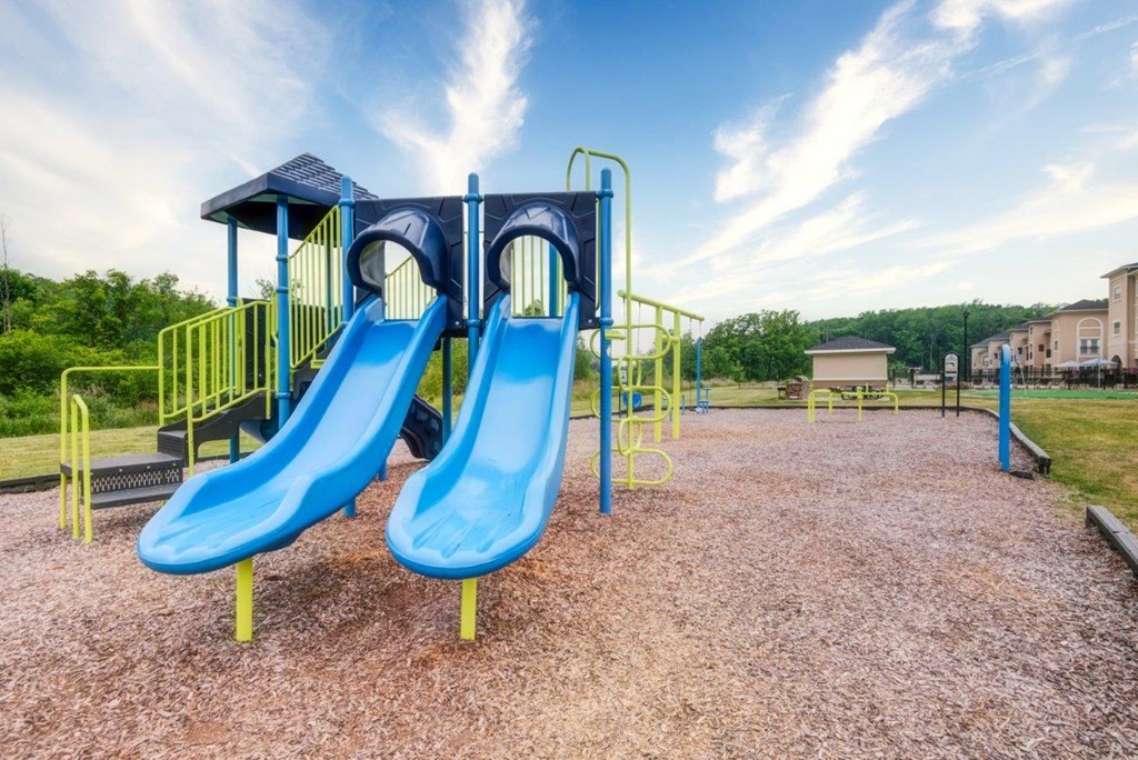 a playground with two slides at a park