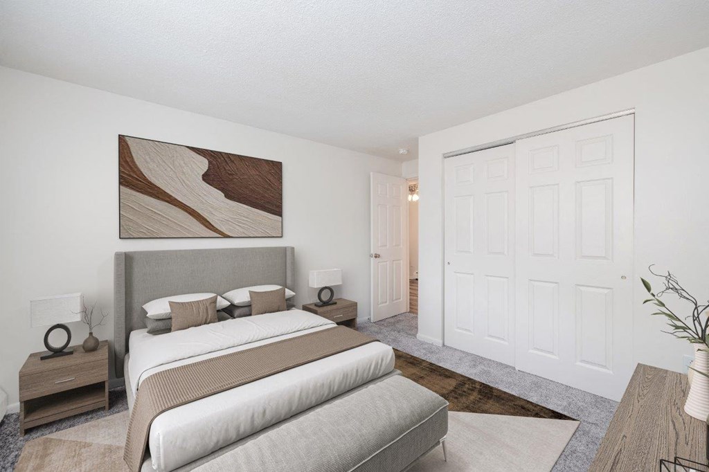 a bedroom with a bed and a closet