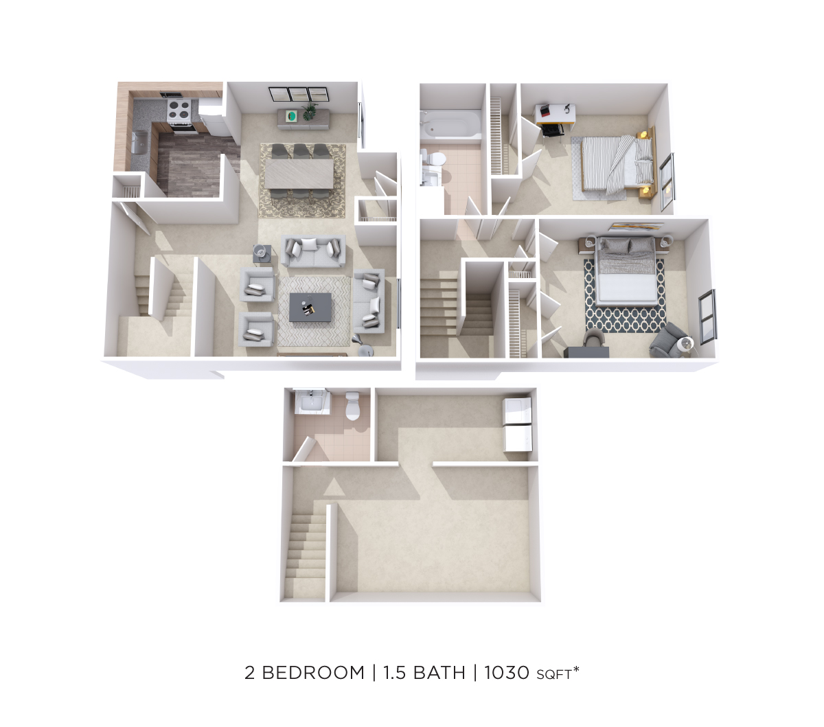 Two Bedroom 1.5 Bath Townhome - 1,030 sqft