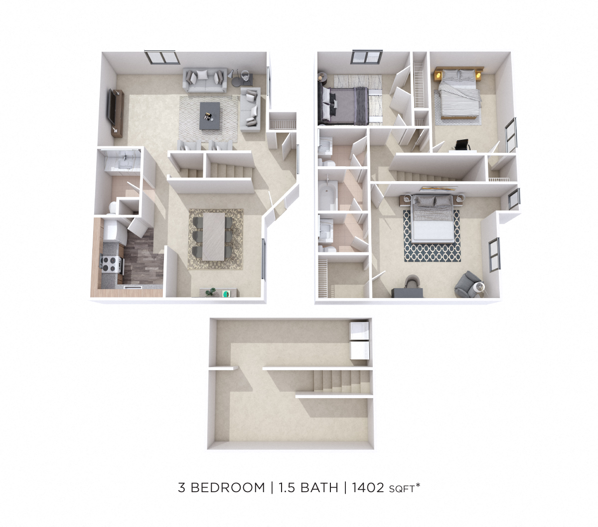 Three Bedroom 1 Full & 2 Half Bath Townhome - 1,402 sqft