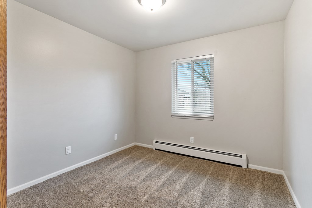 an empty room with carpet and a window