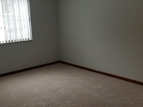 a room with a carpeted floor and a window