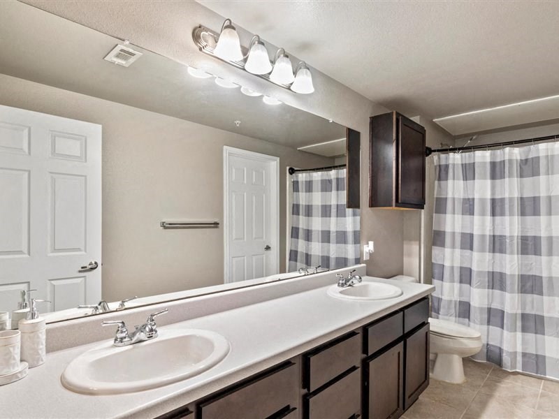 A bathroom with a sink, mirror, and shower curtain.