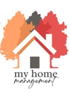 A logo for "my home management" featuring a house and trees.