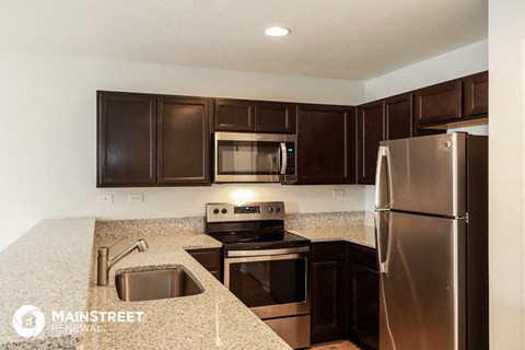 a kitchen with stainless steel appliances and granite counter tops