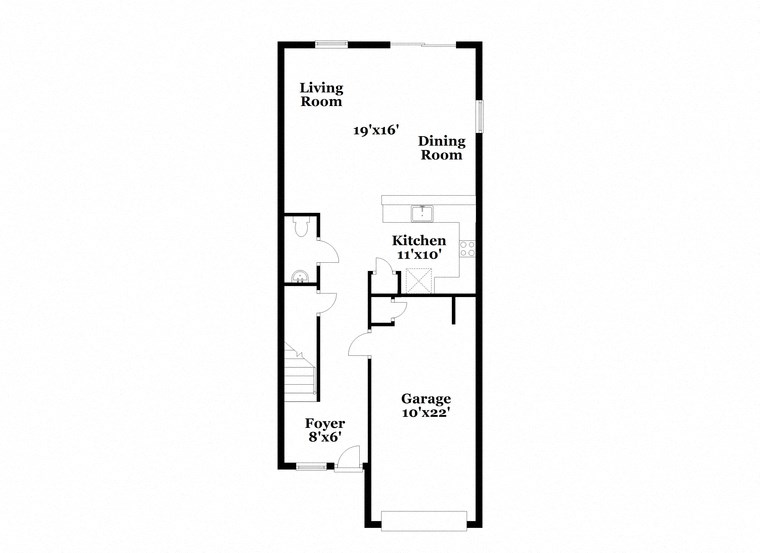 a floor plan of a house with a small kitchen and a living room